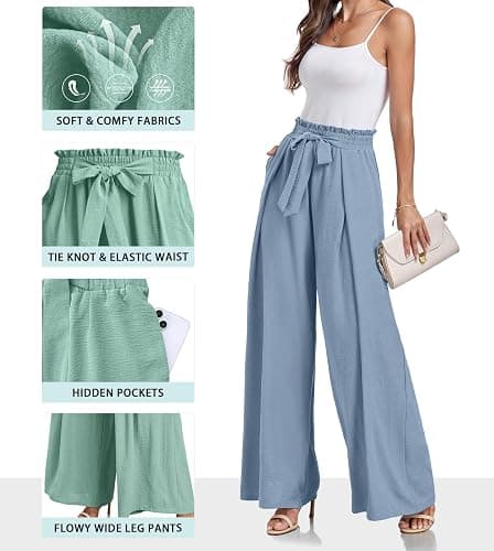 Lepunuo Wide Leg Pants for Women High Waisted Palazzo Pants Work Casual Flowy Tie Knot Trousers with Pockets thumbnail 2