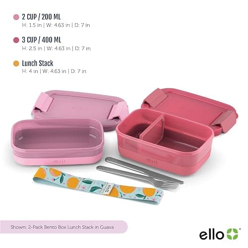 Ello 2-Pack Lunch Stack Plastic Food Storage Container Bento Box with Airtight, Leak-Proof Locking Plastic Lids and Silicone Base, BPA-Free, Freezer, Microwave, and Dishwasher Safe, Guava thumbnail 4