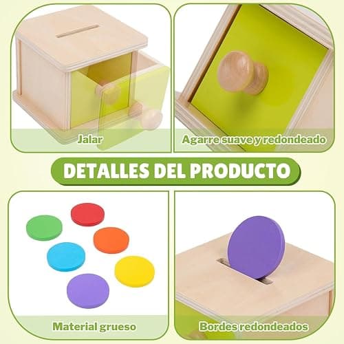Adena Montessori Coin Box,Object Permanence Box for 1 Year Old Baby Coins,Wooden Ball Drop Developmental Toys for 6-12 Month Infant Toddler,Learning Kids Gifts(Yellow-Green Door) thumbnail 5