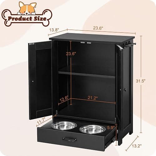 ALINE FURNITURE Dog Feeding Station with Storage Cabinet and 2 Elevated Dog Bowls, Hidden Pet Feeder Station Wood, Dog & Cat Storage Organizer, Black thumbnail 5