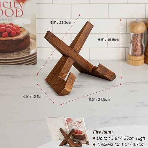 EFFORTICH Cookbook Stand, Wooden Recipe Book Holder, Cook Book Stand for Kitchen Counter, Multifunctional Display, Kitchen Counter Decor - Brown thumbnail 3