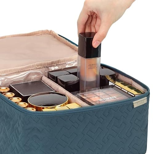 NISHEL Large Double Layer Travel Makeup Bag Women, Cosmetic Case, Organizer for Travel-Size Accessories Bottles, Brushes, Conditioner, and Skin Care Products, Lake Blue thumbnail 5