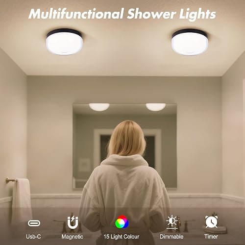 2-Pack Waterproof Shower Lights for Inside Shower, Rechargeable Shower Lamp | 15 RGBW Color Mood Lighting with Remote Dimmable&Timer, LED Wireless Magnetic Ceiling/Wall Light for Bathroom Bathtub Closet thumbnail 3