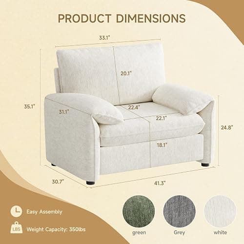 ONBRILL Oversized Accent Chair, 41 Inch Chenille Fabric Armchair, Comfy Single Sofa Chair with Padded Arms, Pocket Spring Cushion, Modern Reading Chair for Living Room, Bedroom, Beige thumbnail 2