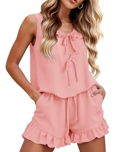 KFUBUO Womens Ruffle Pajamas Set 2 Piece Soft Pj V Neck Sleeveless Tops and Shorts Bride Pjs for Wedding Day Set thumbnail 5