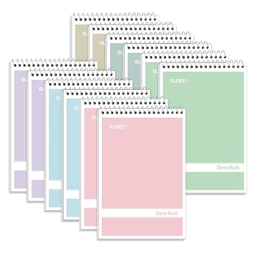 SUNEE 12 Pack Steno Pads 6x9, Gregg Rule, 60 Sheets, 6 Assorted Color Spiral Notebook 6x9, White Paper, Take Notes with Top Spiral Notebook, for School, University, College, Work, Office