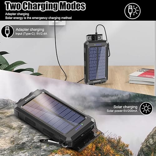 Solar Charger Power Bank, 8000mAh Portable Outdoor Waterproof Solar Battery Charger, Camping External Backup Battery Pack USB C Ports Input/Output, 2 Led Light Flashlight with Compass (Black) thumbnail 3