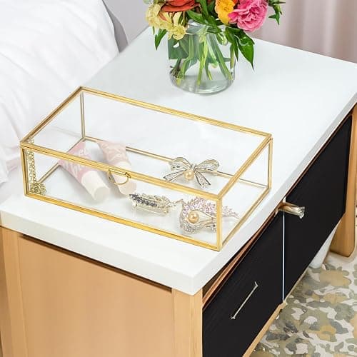 ZEXALOR Clear Glass Decorative Box for Organizing Photos, Jewelry, Small Items - Golden Dresser Drawer Organizer, Transparant Small Storage Bin Container with Lid (Upgrade, 8x4,3x2,3") thumbnail 4