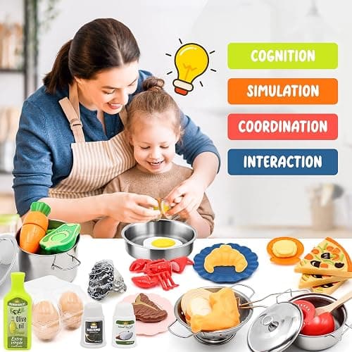 37Items 59Pcs Kids Pretend Play Kitchen Accessories Set, Stainless Steel Play Pots and Pans Sets for Kids, Cooking Utensils, Play Food Pizza Knife Kitchen Playset Toys Gift for Boys Girls Toddlers thumbnail 5