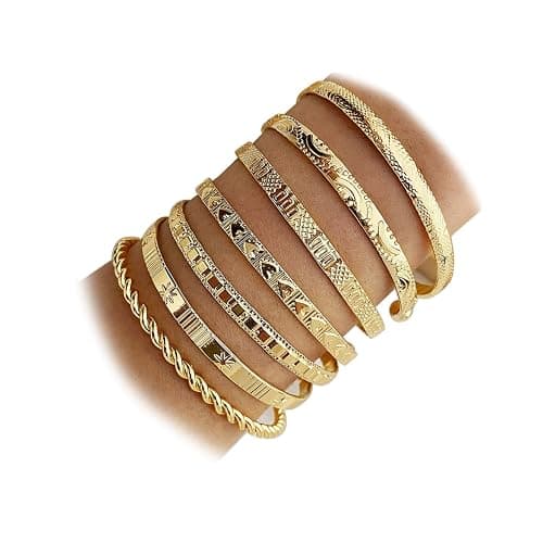 Gold Bangle Bracelets for Women, 14k Gold Plated Multi Layer Cuff Bangles Set, Stackable Boho Non Tarnish Elegance Smooth Bangle Jewelry Gifts for Her - Image 1