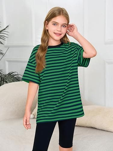Haloumoning Girls Striped Short Sleeve T Shirts Kids Summer Oversized Tops Casual Crewneck Tees 5-14 Years thumbnail 4