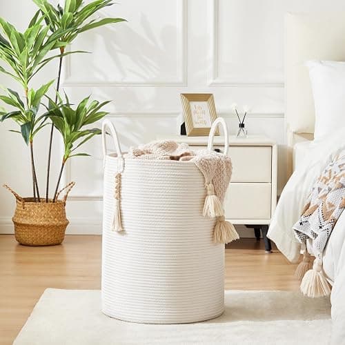 Fiona's magic Woven Rope Laundry Hamper, Tall Laundry Basket for Blanket Storage, Large Dirty Clothes Hamper for Toys, Decorative Baby Nursery Hamper for Bedroom, Living Room - White, 58L thumbnail 2