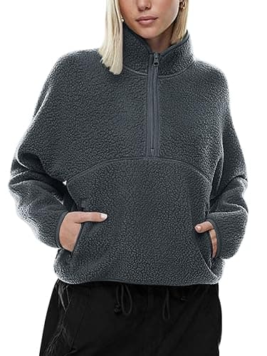 LASLULU Womens Half Zip Pullover Cropped Sweatshirts Sherpa Fleece Jacket Fuzzy Sweaters Cute Winter Jackets with Pockets - Image 1
