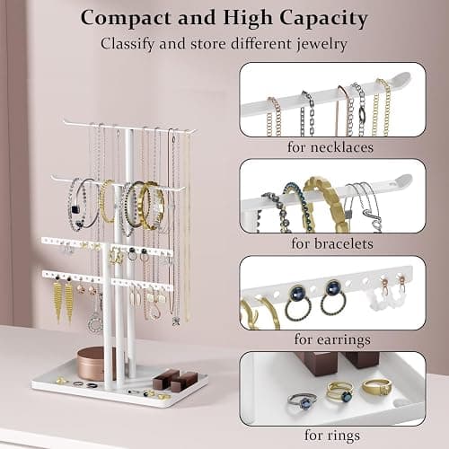 Schmuck Organizers, Schmuckständer 32cm Groß, 4 Ebenen Robust Schmuckaufbewahrung Reise, Schmuckschrank Organizer für Halskette, Armband, Parfüm und Ohrringe, Deko Aesthetic Accessoires, Weiß thumbnail 4
