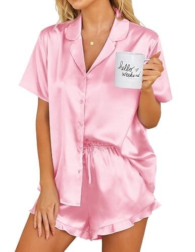 Ekouaer Womens Satin Pajamas Set Button Down 2 Piece Silk Pjs Shorts Set Ruffle Lingerie Notch Collar Sleepwear - Image 1