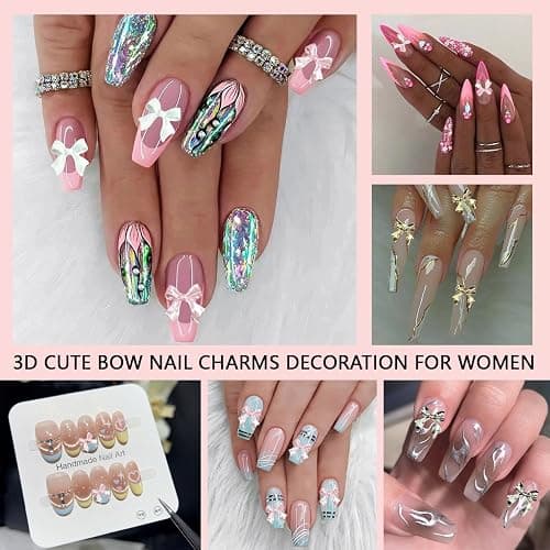 Gold Bow Nail Charms Kit, Cute Pink Flowers Bows 3D Nail Charms for Nails Decoration, White Flatback Pearls Heart Nail Art Jewels for Women Manicure DIY Crafts Accessories thumbnail 4