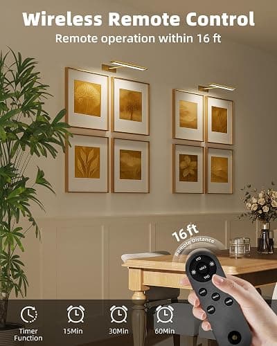 EZVALO Picture Light for Wall, 4800mAh Rechargeable Wireless Remote, 16in Dimmable Magnetic LED Art Display Light with 3 Color Temperatures, for Gallery, Living Room, Bedroom, Hallway (Gold) thumbnail 4
