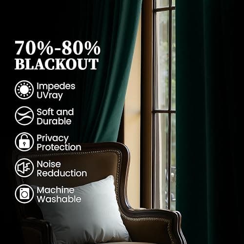 SimpleHome Dark Green Velvet Curtains 96 Inches for Living Room,Rod Pocket Luxury Blackout Velvet Curtains Thermal Insulated 2 Panels Room Darkening Drapes,W40 x L96 thumbnail 4