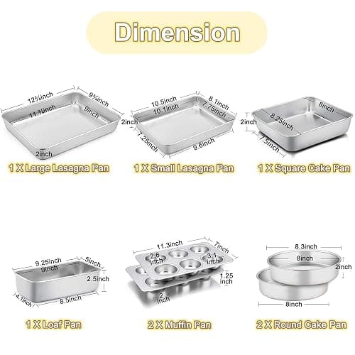 TeamFar Stainless Steel Bakeware Set of 8, Baking Roasting Toaster Oven Pans, Lasagna/Square/Round Cake Pan, Loaf Pan & Muffin Pan, Non-Toxic & Sturdy, Smooth & Dishwasher Safe thumbnail 3
