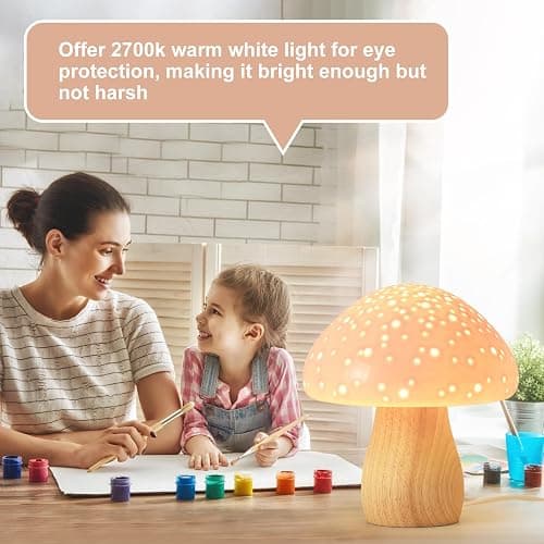 BOHON Mushroom Lamp, Ceramic Bedside Table Lamp for Bedroom Nightstand, Vintage Cute Night Light, Small Lamp for Living Room Kids Desk Home Decor Girls, LED Bulb Included, Pink thumbnail 6