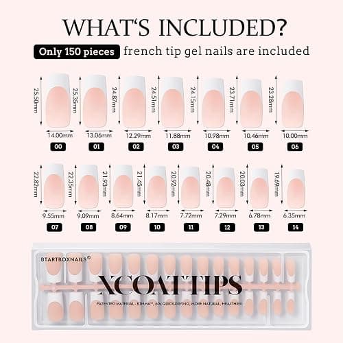 French Nail Tips Long, BTArtboxnails XCOATTIPS Square Fake Nails 150PCS Press On Nails, No Need File Glue on Nails with Pre-applied Tip Primer & Base Coat, Gel Nail Tips 15 Sizes thumbnail 6