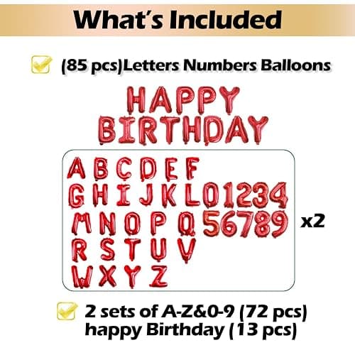 [85 PCS] 16" Red Letter Number Balloons, Happy Birthday & 2 Sets of A-Z 0-9, Foil Mylar Aluminum Hanging Alphabet for Valentine's Day Anniversary Graduation New Year eve Birthday Party Decorations thumbnail 4