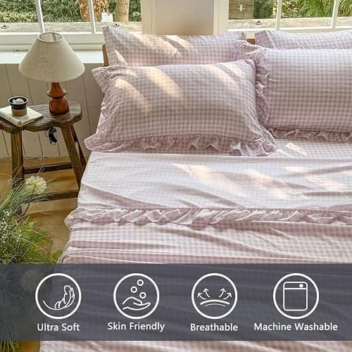 NSNLGSGC Pink Gingham Ruffle Queen Sheet Set, Pink Soft Pre-Washed Microfiber Plaid Queen Bed Sheets, 4-Pieces Farmhouse Sheet Set with Deep Pocket thumbnail 2
