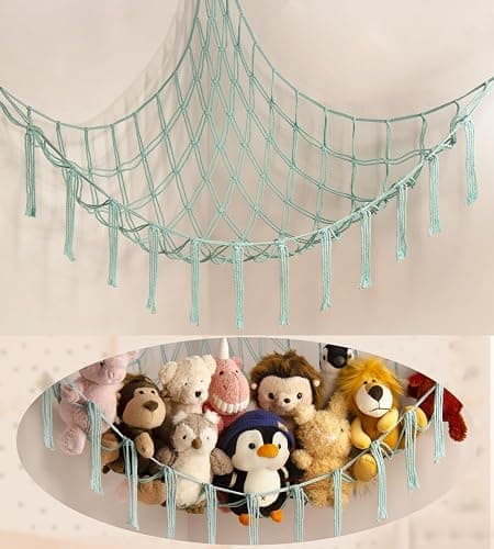 Stuffed Animal Hammock-Large Stuffed Animal Net For Toys Corner-Hanging Stuff Animal Toy Storage Organizer For Plush Plushie Display Light Blue Girl Room Bedroom Boho Nursery Decor Toy Storage - Image 1