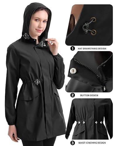 iCreek Women's Long Rain Jacket Waterproof Lightweight Packable Raincoat Hood Windbreaker for Outdoor Hiking, Cycling, Travel thumbnail 6