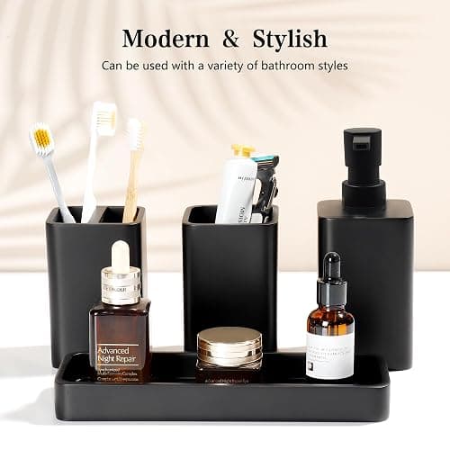 YMXYJM Bathroom Accessories Set, 4 Pcs Bathroom Accessory Set, Soap Dispenser, Toothbrush Holder, Qtip Holder Set, Bathroom Sets Complete, Bathroom Sink Set for Modern Home,Matte Black thumbnail 4