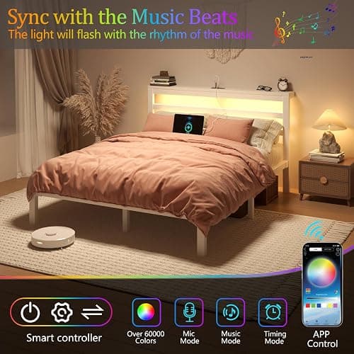 HAY.com Full Size Bed Frame with LED Light & Charging Station, Metal Platform Bed with Storage Headboard & Under-Bed Storage, Heavy Duty Slats Support, No Box Spring Needed, Noise-Free, White thumbnail 7