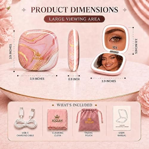 NJ GLAM Lighted Makeup Compact Mirror, 3.9 Inch – 1x/10x Magnification Portable, LED – Auto Light On/Off - USB Charging, (Blush Marble) thumbnail 2