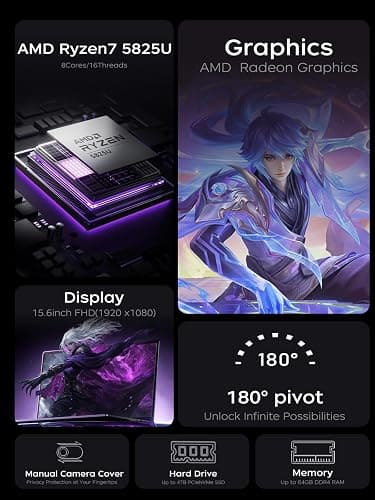 MALLRACE Gaming Laptop,AMD Ryzen 7 5825U(Beat Intel i7-1255,up to 4.5GHz), Radeon RX Vega 8 Graphics,15.6" FHD Display,16GB RAM 1TB NVMe SSD Laptop Computer with Numeric KB,Type_C (Full Function) thumbnail 2