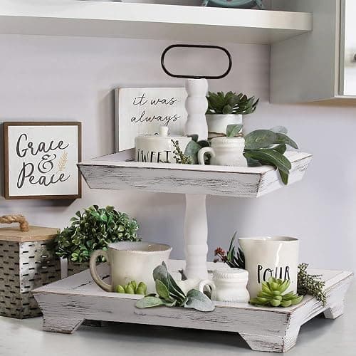 Tiered Tray Stand Farmhouse Tiered Tray for Decors Holder 2 Tiered Tray Stand for Kitchen Bedroom Entryway Coffee Bar thumbnail 5