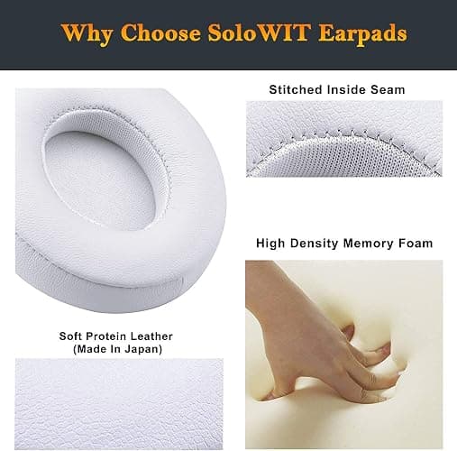 SoloWIT Earpads Cushions Replacement for Beats Solo 2 & Solo 3 Wireless On-Ear Headphones, Solo2 Solo3 Ear Pads with Soft Protein Leather, Added Thickness - White thumbnail 5
