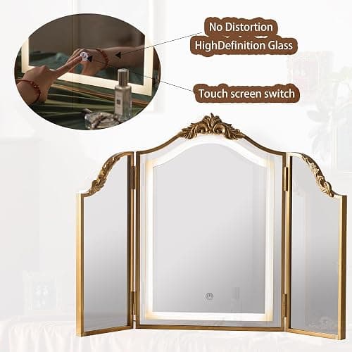HSDDHOME Antique Gold Triple Fold Makeup Mirror with Tri-Color LED Lighting & Dimming, Baroque Carved Arch Vintage Vanity Mirror, Bohemian Decor for Bedroom/Dressing Room, 31x23 Inch thumbnail 5