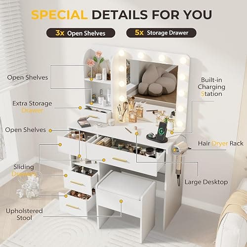 Otterease Vanity Desk with LED Lighted Mirror&Power Outlet, 3 Lighting Colors Makeup Vanity Desk with 5 Large Drawers and 3 Storage Shelves, White Vanity with Storage Stool for Bedroom thumbnail 4