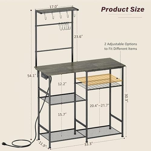 3IngSeagulls Bakers Rack with Power Outlet, Kitchen Microwave Stand with 10 S-shaped Hooks, 6-Tier Coffee Bar Station, Kitchen Storage Shelf Rack for Spices, Pots, Gray thumbnail 2