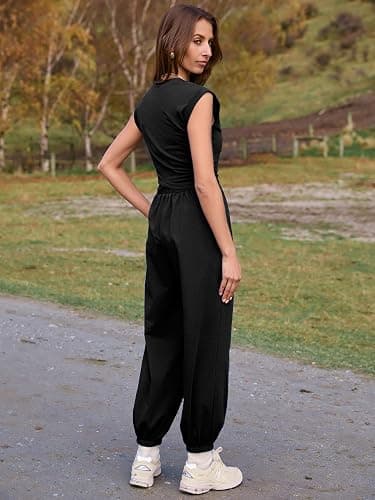 Glamaker Women's Two Piece Athletic Sets Casual Workout Sleeveless Cropped Tops High Sweatpants Joggers Tracksuits thumbnail 5