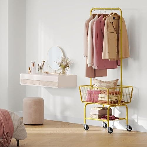 Tajsoon Rolling Laundry Cart with Hanging Rack & Laundry Basket, Gold | Metal Commercia Laundry Cart with Wheels, Laundry Hamper Sorter with Storage Basket & Shelf, Laundry Room, Bathroom, Bedroom thumbnail 2