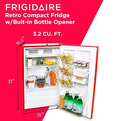 Frigidaire Retro Compact Fridge with Chiller, 3.2 cu ft Countertop Fridge with Built-In Bottle Opener, Compact Refrigerator for Office, Bedroom, Dorm Room or Cabin - 16.5" D x 19" W x 31" H (Red) thumbnail 2