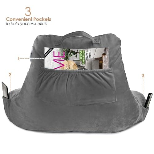Nestl Reading Pillow Standard Bed Pillow, Back Pillow for Sitting in Bed Shredded Memory Foam Chair Pillow, Reading & Bed Rest Pillows Grey Back Pillow for Bed, Bed Chair Arm Pillow with Pockets - Standard - 07 - Dark Grey thumbnail 5