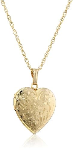Amazon Essentials 14k Engraved Flowers Heart Locket Necklace, 18" - Image 1