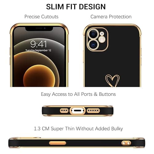GUAGUA Case for iPhone 12, iPhone 12 Cases Cute Heart Pattern Soft TPU Plating Cover for Women Girls with Camera Protection & 4 Corners Shockproof Protection Phone Cases for iPhone 12 6.1" Black thumbnail 3