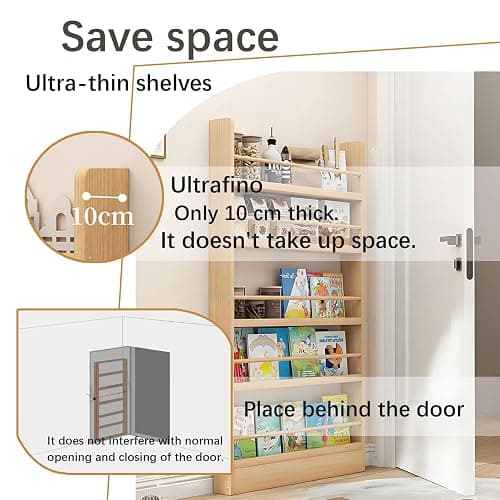 yurstcggh Wooden Behind Door Bookshelf,Thin 10cm Standing Wood Book Shelf Organizer,Behind Door 3-5 Tier Wall Bookcase,Toy storage rack, book storage rack 58×10×124cm Brown thumbnail 4