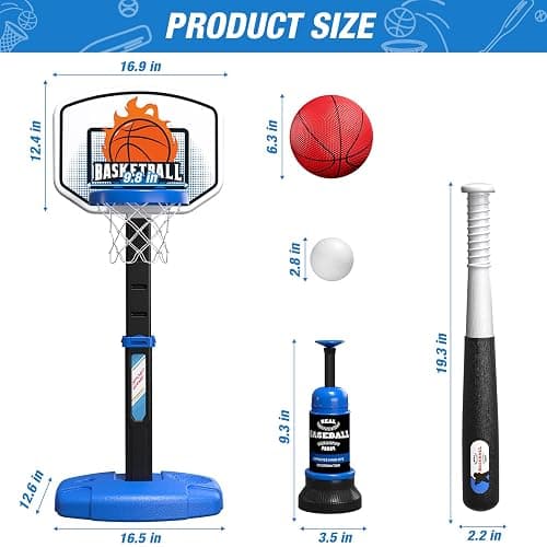 Wee Wonders 2 in 1 Toddler Basketball Hoop and T Ball Set with Automatic Pitching Machine - Adjustable Height, Kids Basketball Hoop Suit for Indoor/Outdoor, Sport Toys Gifts for Boys Age 3-5, Black thumbnail 2
