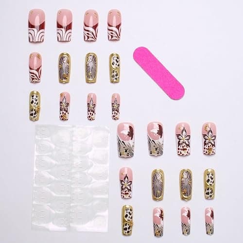 Medium Square Press on Nails Fake Nails Artificial Nail Stick on Nail for Women, Leopard Flower & Line Patterns with Gold Glitter thumbnail 4