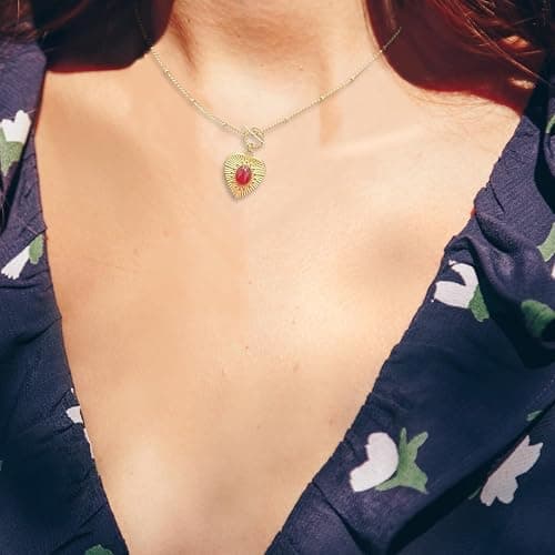UniLogue Retro Vintage Radial Pattern Love Heart Red Agate OT Buckle Necklace Women's Easy-Matching Casual Necklace thumbnail 3