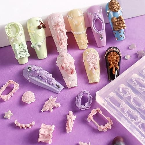Laza 4pcs Rococo Silicone Nail Art Molds, Multiple Virgin Mary Nail Molds | Reusable Nail Molds for Nail Art, Good Elasticity, 3D Nail Mold, Mirror Frame, Heart, Bowknot Molds with Scraper & Pen thumbnail 5