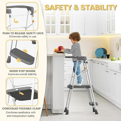 HBTower Kids 2 Steps Step Stool, Toddler Tower for Kitchen Counter Learning, Toddler Kitchen Stool Helper with Anti-Drop Safty Railing Kids Standing Folding Stepper thumbnail 3